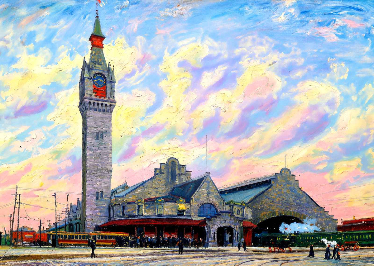 Union Station, Worcester, Massachusetts in 1904 Painting Print (7 Sizes)