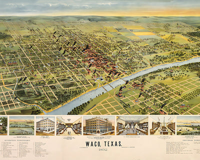 Waco, Texas Birds Eye View Vintage Map 8x10" Premium Art Print - Aerial