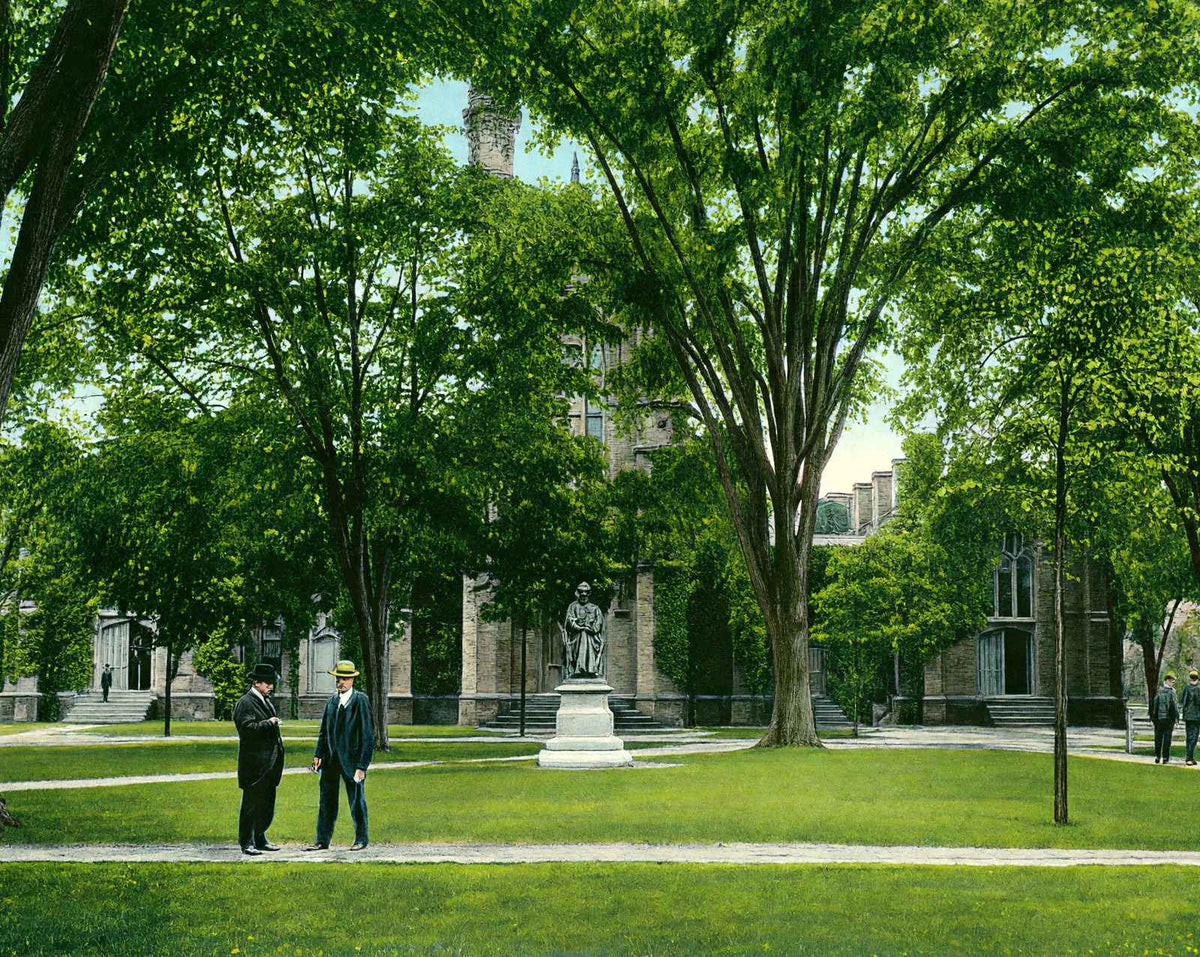 Yale University Old Library & Woolsey Statue vintage print