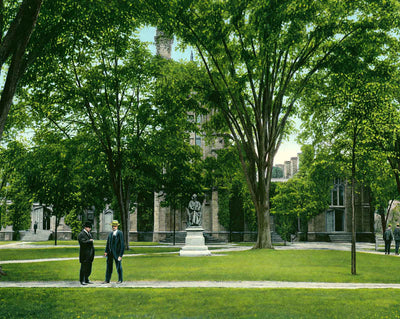 Yale University Old Library & Woolsey Statue vintage print