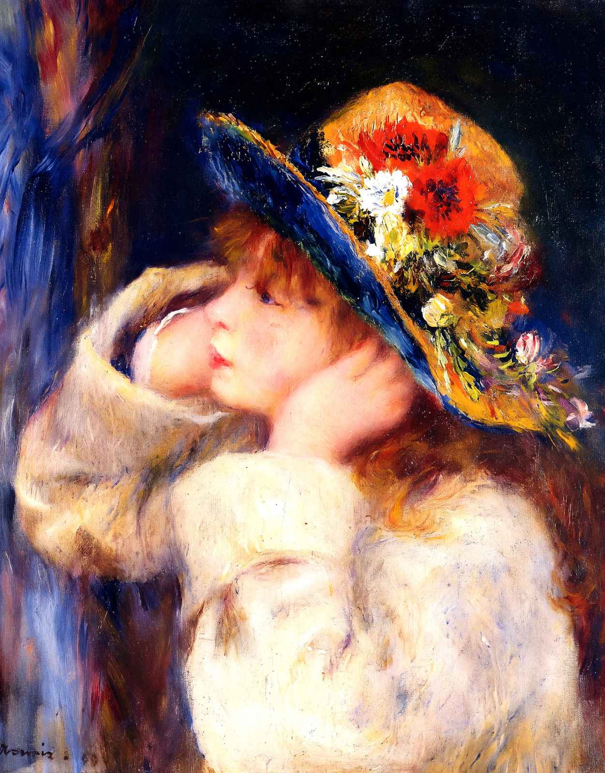 Young Girl in a Hat Decorated with Wildflowers 1880 Fine Art Print (6 Sizes)