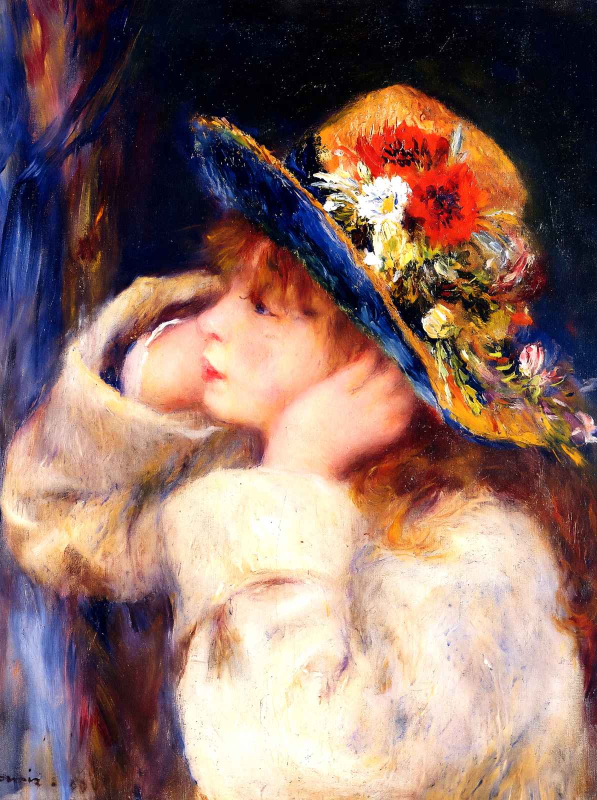 Young Girl in a Hat Decorated with Wildflowers 1880 Fine Art Print (6 Sizes)