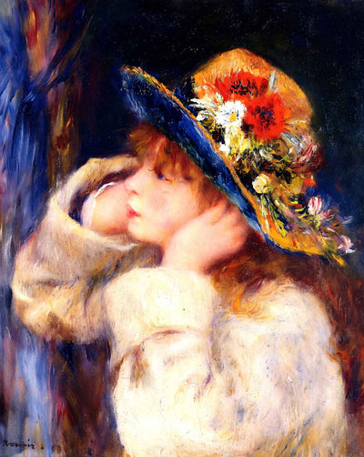 Young Girl in a Hat Decorated with Wildflowers painting by Pierre-Auguste Renoir (1880)