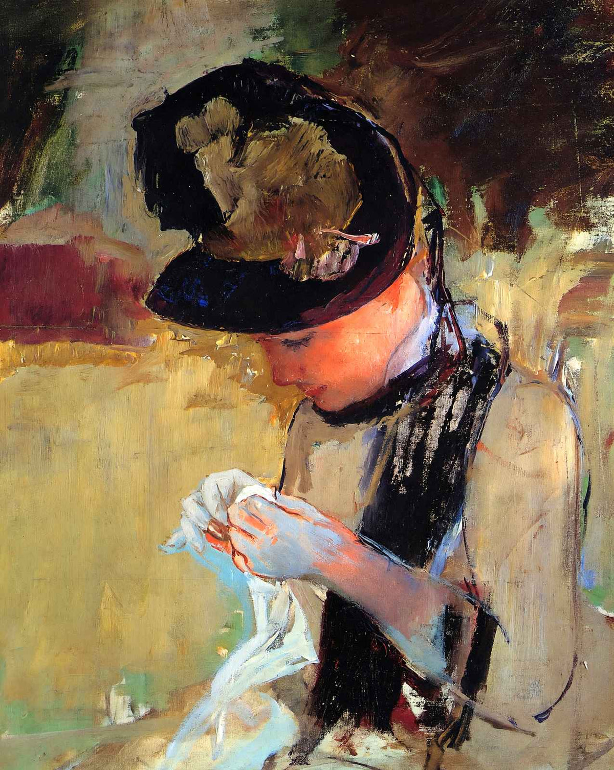 Young Woman Sewing in the Garden art print by Mary Cassatt (1886)