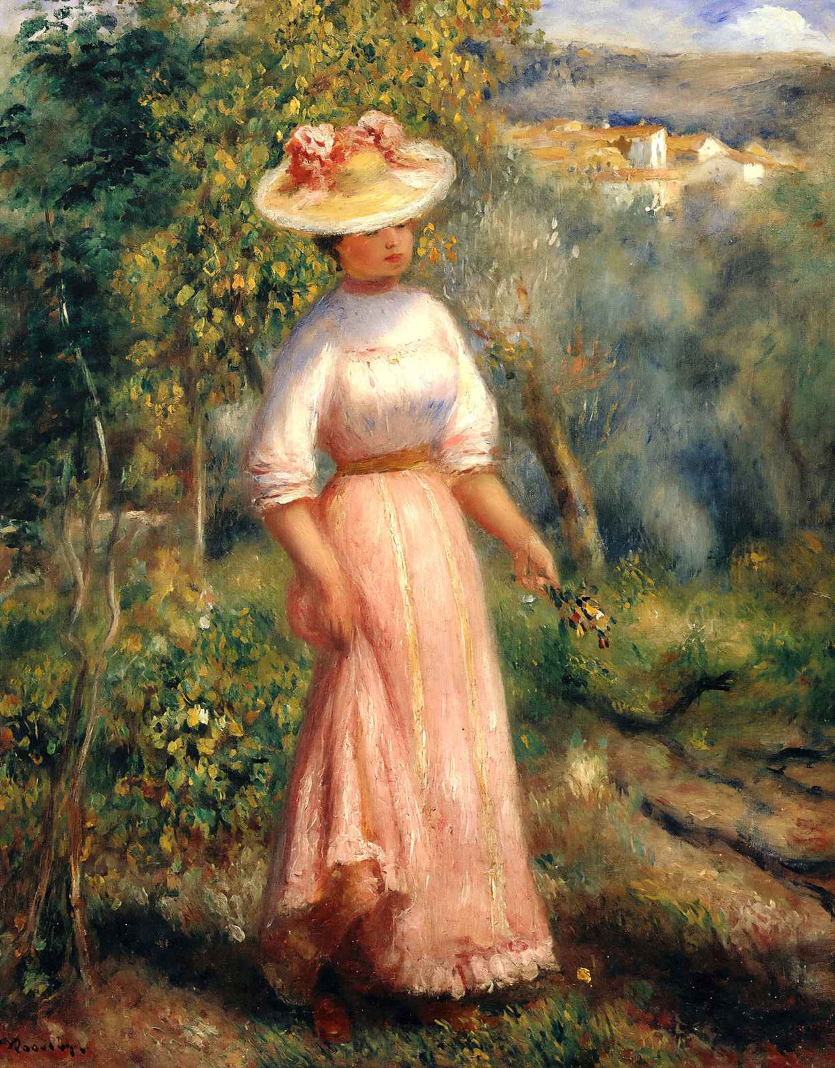 Young Woman in Red in the Fields Art Print 1900 by Renoir (6 Sizes) - Restored