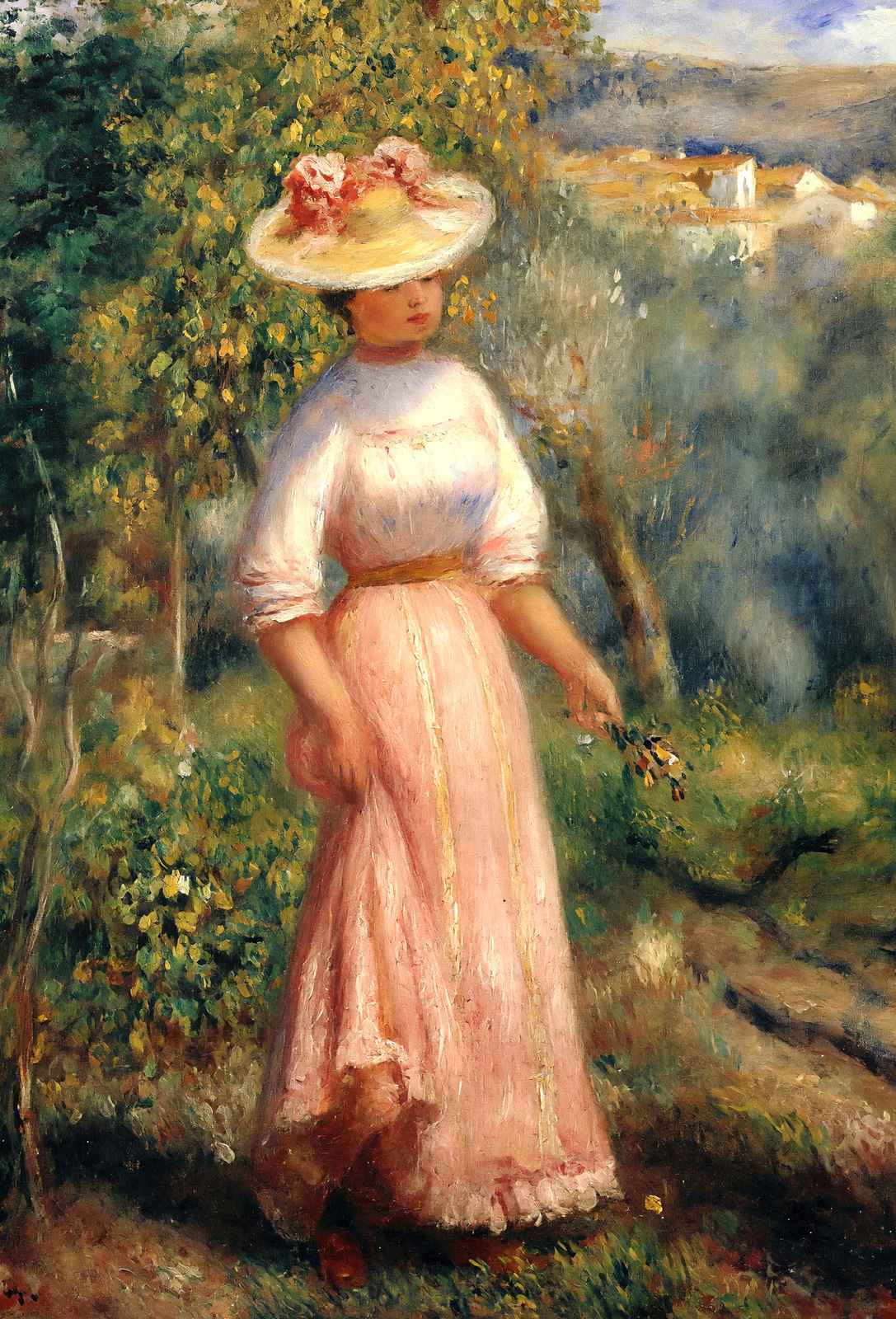 Young Woman in Red in the Fields Art Print 1900 by Renoir (6 Sizes) - Restored