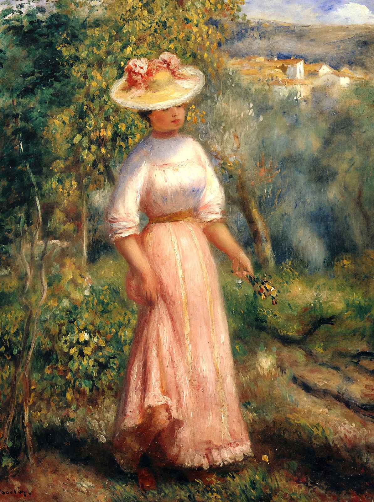 Young Woman in Red in the Fields Art Print 1900 by Renoir (6 Sizes) - Restored