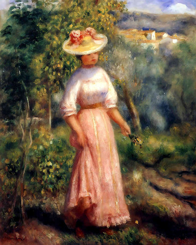 Young Woman in Red in the Fields by Pierre-Auguste Renoir 8x10" Art Print