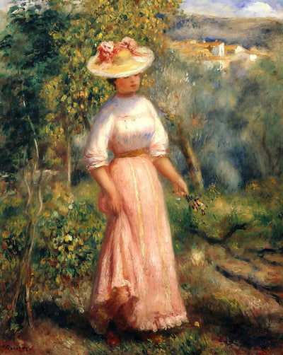 Young Woman in Red in the Fields art print by Pierre-Auguste Renoir (1900)