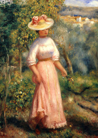 Young Woman in Red in the Fields Art Print 1900 by Renoir (6 Sizes) - Restored