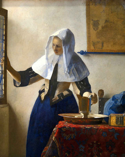 Young Woman with a Water Pitcher painting print by Johannes Vermeer (1665)