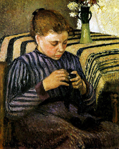 Young Woman Mending Her Stockings Painting by Camille Pissarro 8x10" Art Print