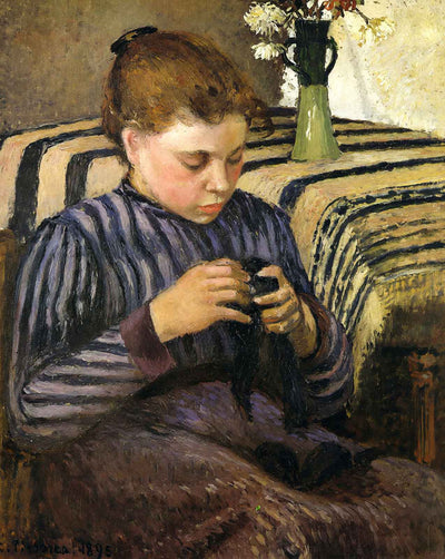 Young Woman Mending Her Stockings painting print by Camille Pissarro (1895)