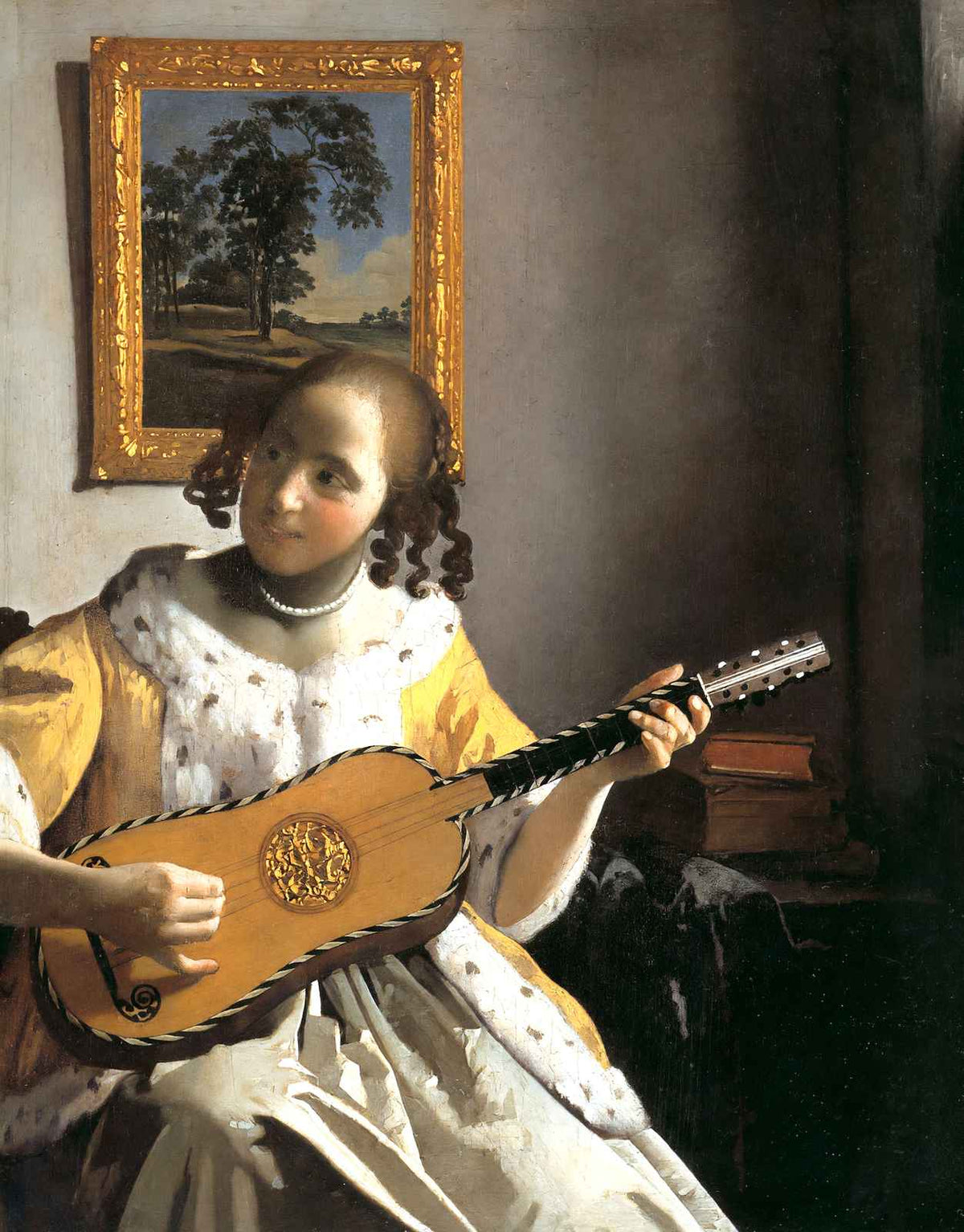 Youg Woman Playing a Guitar Art Print 1672 by Johannes Vermeer (6 Sizes)