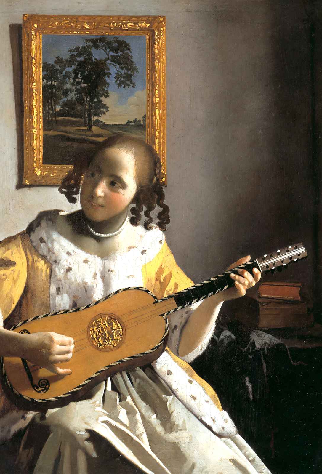 Youg Woman Playing a Guitar Art Print 1672 by Johannes Vermeer (6 Sizes)