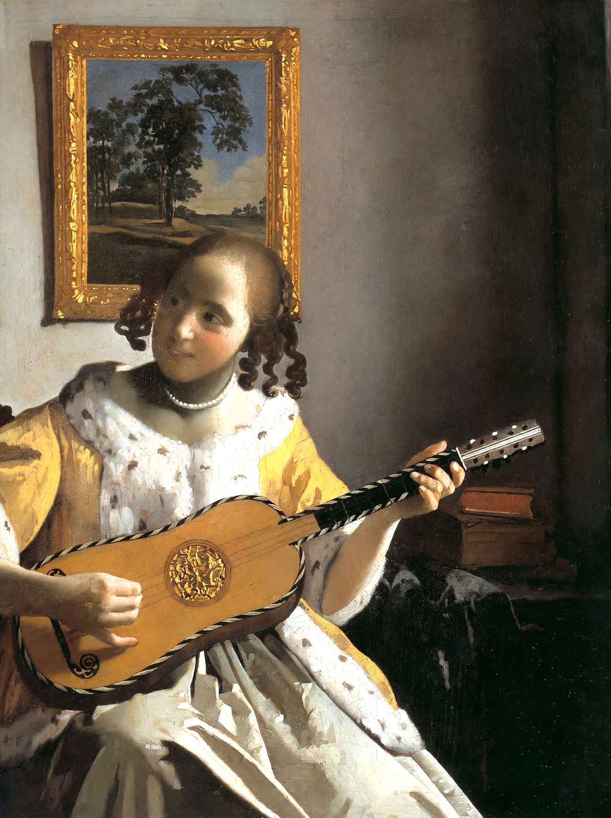 Youg Woman Playing a Guitar Art Print 1672 by Johannes Vermeer (6 Sizes)