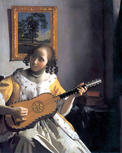 Youg Woman Playing a Guitar Painting by Johannes Vermeer 8x10" Art Print