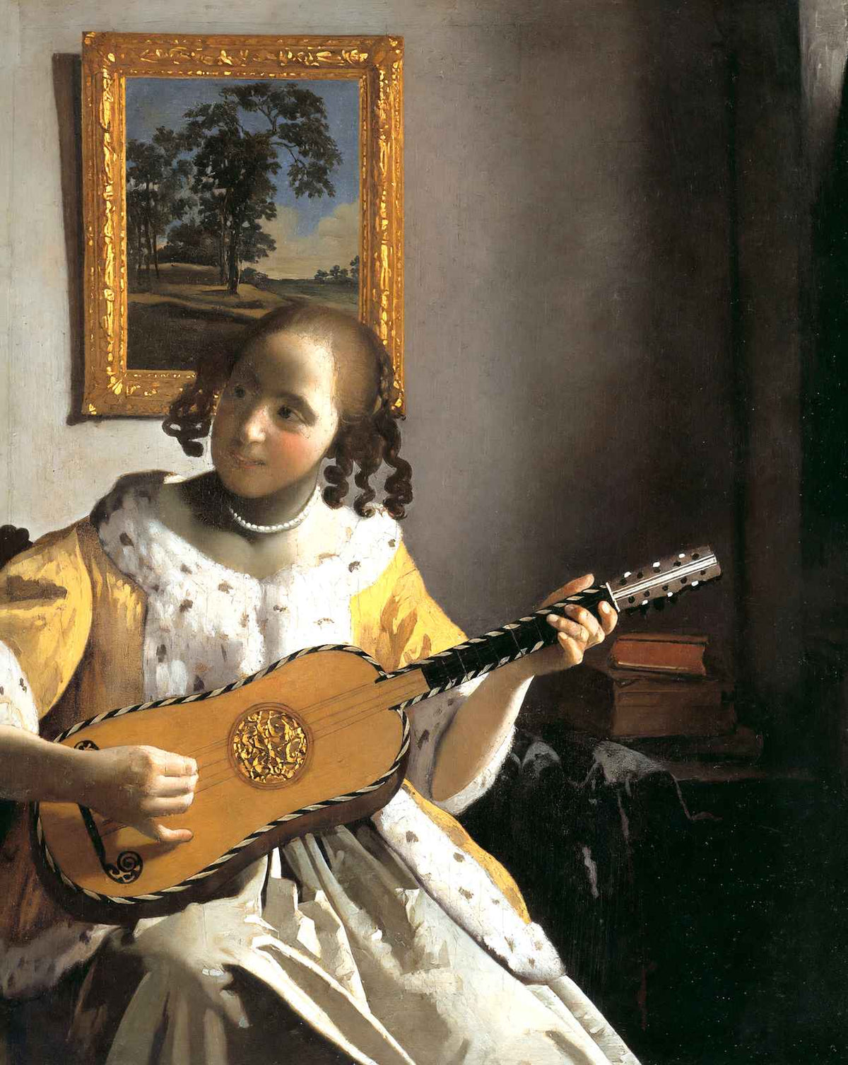 Youg Woman Playing a Guitar painting print by Johannes Vermeer (1672)