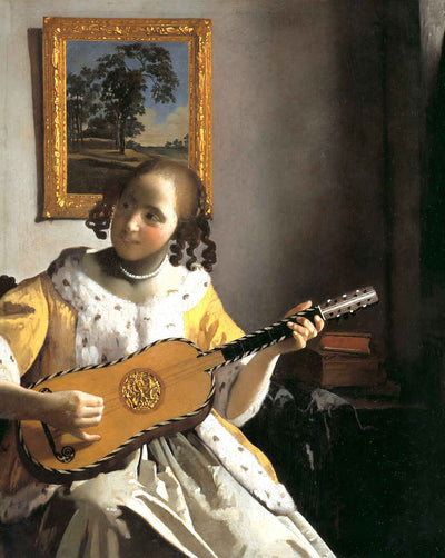 Youg Woman Playing a Guitar painting print by Johannes Vermeer (1672)