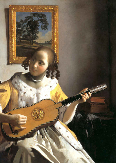 Youg Woman Playing a Guitar Art Print 1672 by Johannes Vermeer (6 Sizes)