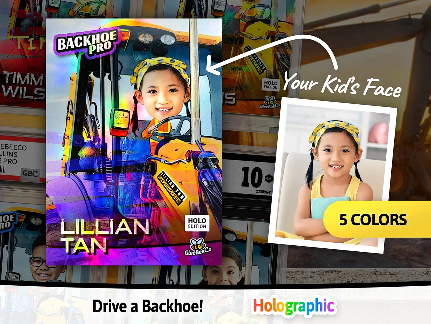 Backhoe Pro Custom Trading Card - Insert Your Kid's Face Into a Construction Machine Photo - Incredible Gift for Boys and Girls