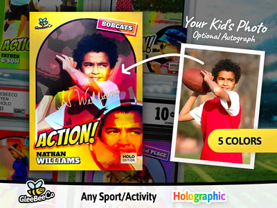 Action! Custom Sports Card for Kids - Holographic - Your Child's Photo/Name - Personalized Gift - Baseball, Football, Any Sport