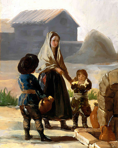 A Woman and Two Children by a Fountain by Francisco Goya 8x10" Art Print