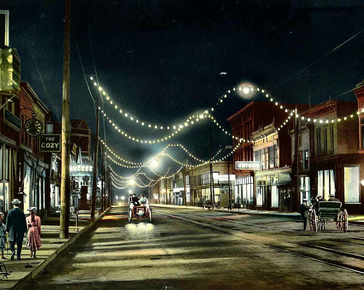 Eighth Street at Night, Sheboygan, WI in 1907 vintage print