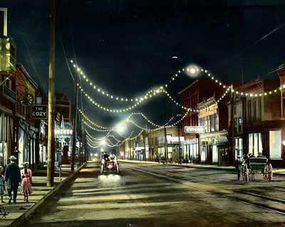 Eighth Street at Night, Sheboygan, WI in 1907 vintage print