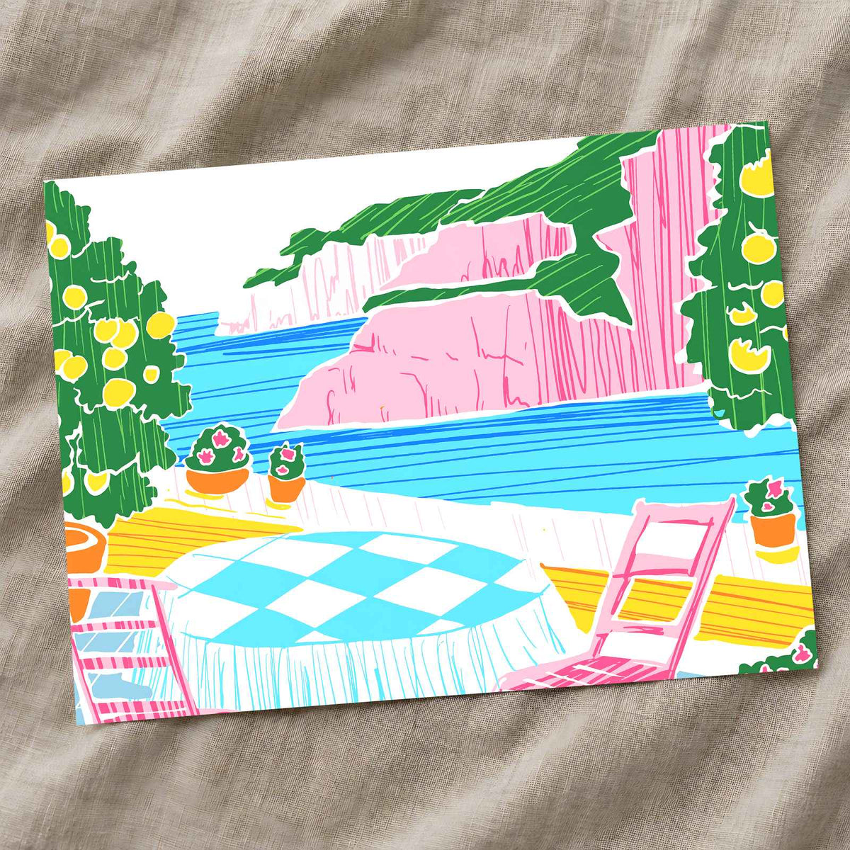 Patio Overlooking Ocean with Pink Cliffs by Ardian Pranomo Art Print Wall Decor