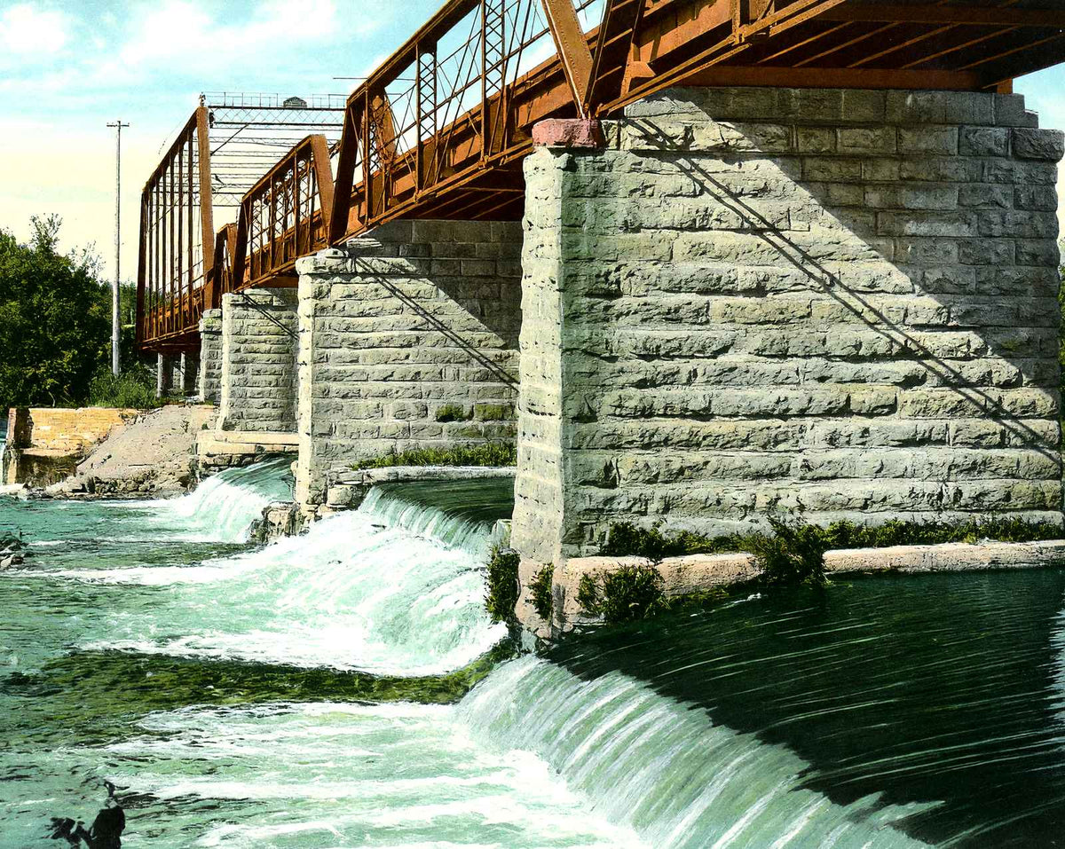 Wagon Road Bridge & Dam, Janesville, WI 1907 vintage print