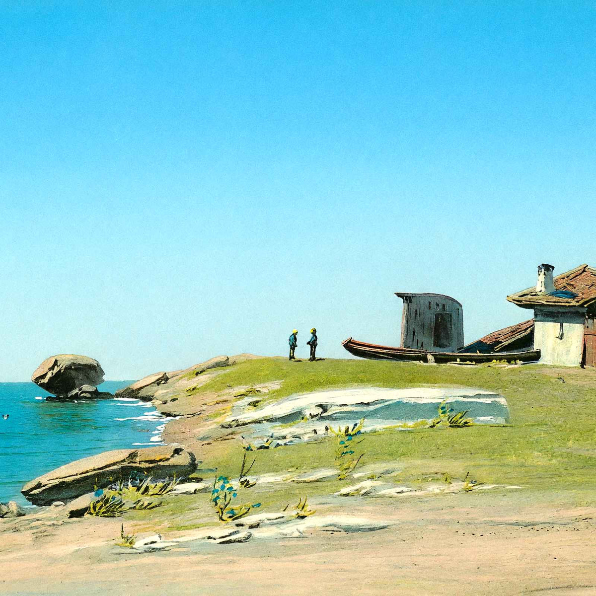 Boat by a Weathered House on the Coast, 1908 vintage print