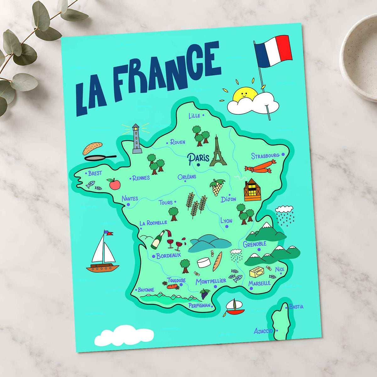 Happy Map of France by Lal Smile Art Print Wall Decor
