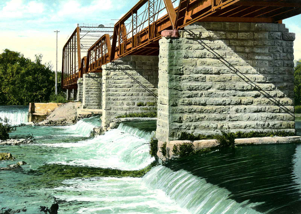 Wagon Road Bridge & Dam, Janesville, WI 1907 vintage print