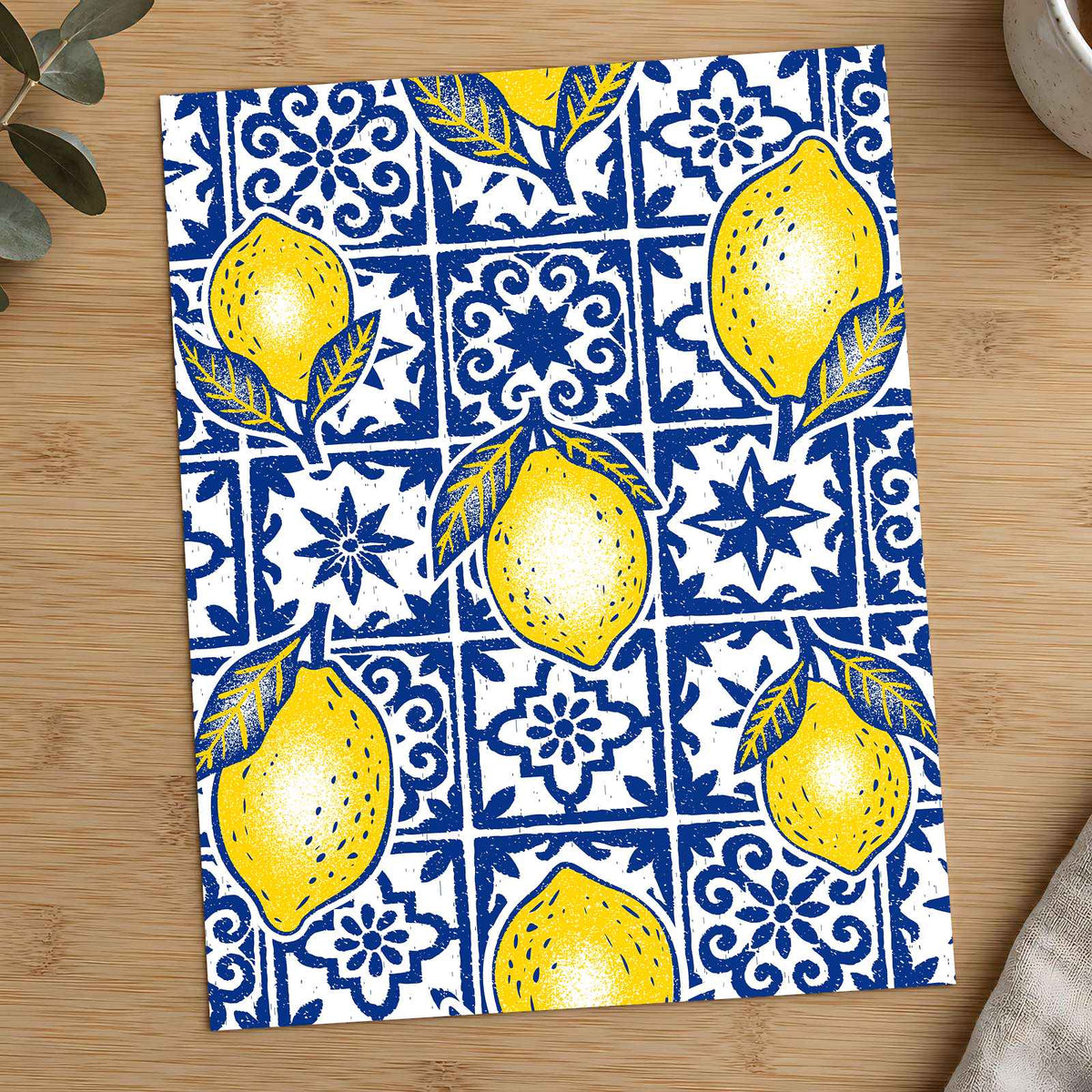 Pattern of Yellow Lemons Blue and White Tiles by Rino Luna Art Print Wall Decor