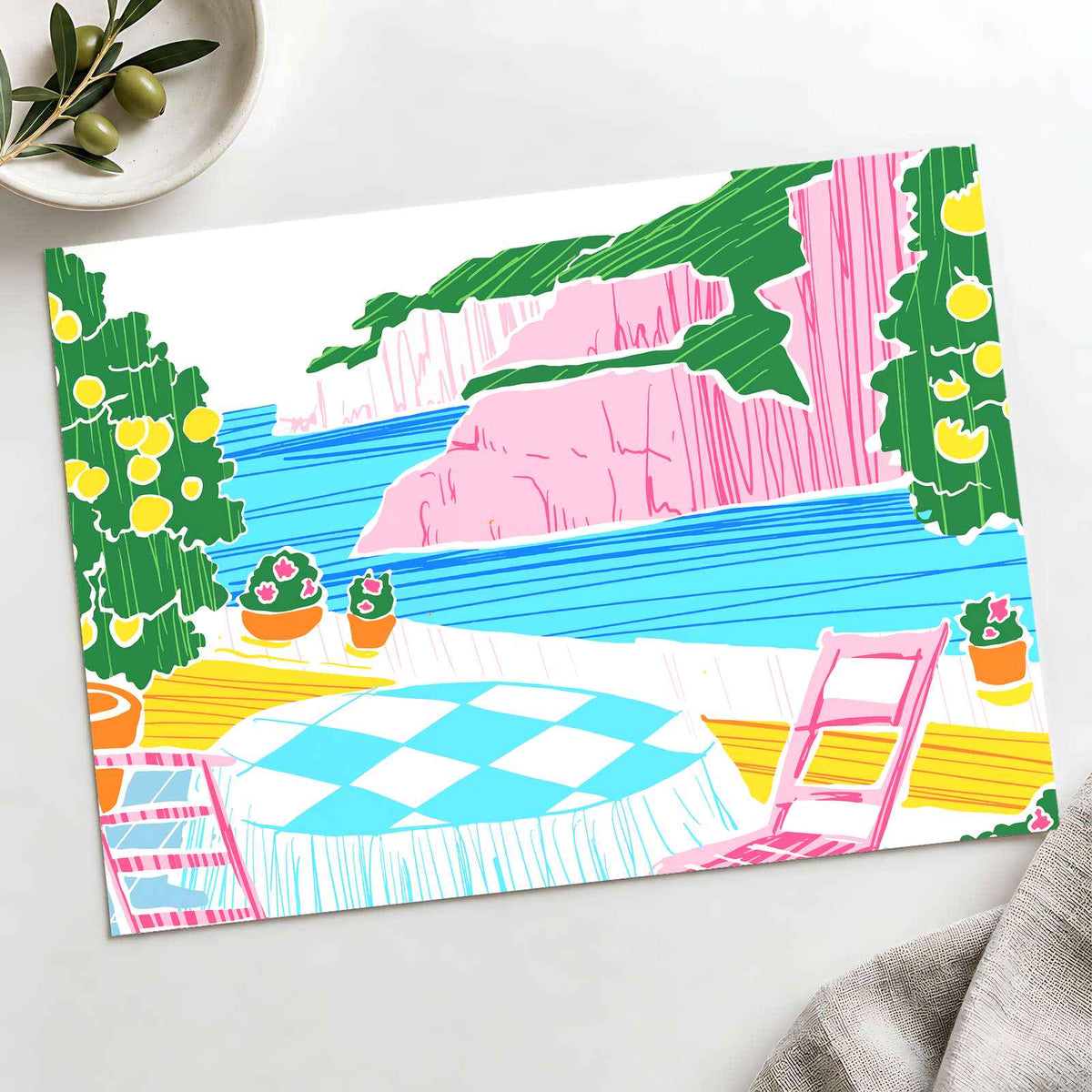 Patio Overlooking Ocean with Pink Cliffs by Ardian Pranomo Art Print Wall Decor