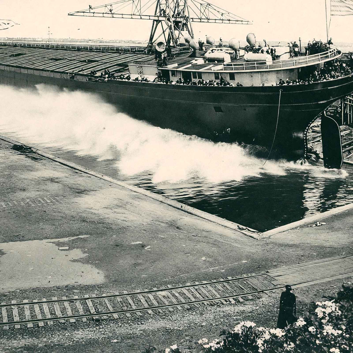 Freighter Launch at Superior WI Ship Yards vintage print