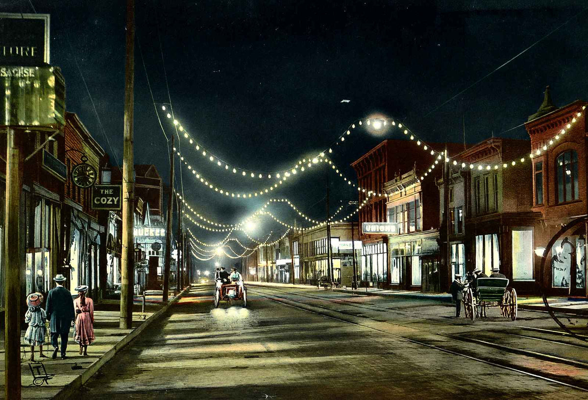 Eighth Street at Night, Sheboygan, WI in 1907 vintage print