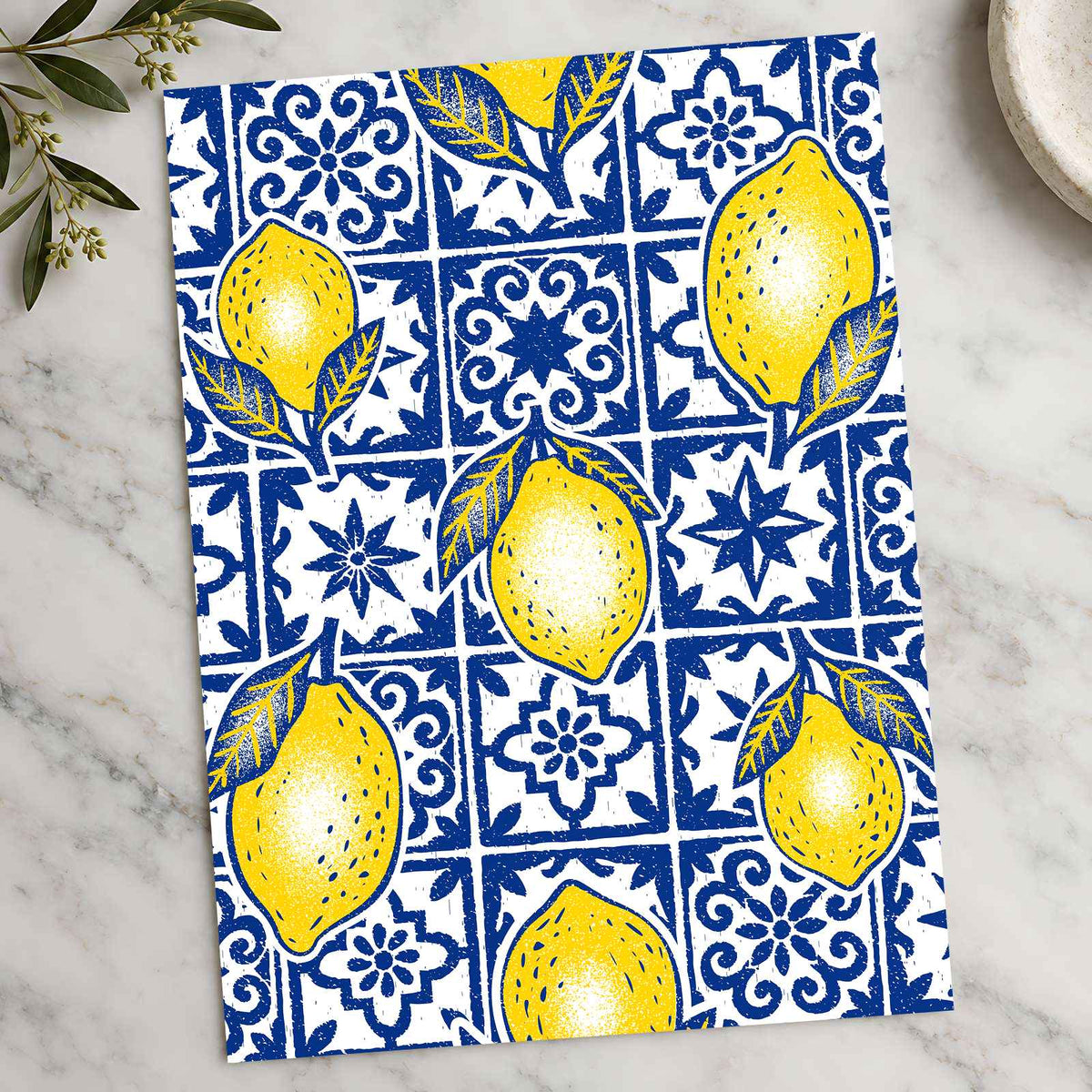 Pattern of Yellow Lemons Blue and White Tiles by Rino Luna Art Print Wall Decor
