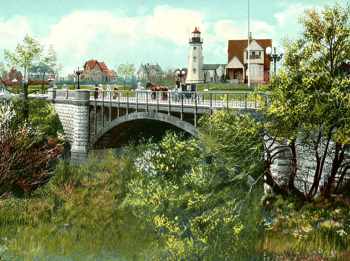 Lighthouse & Bridge, Lake Park, Milwaukee vintage print