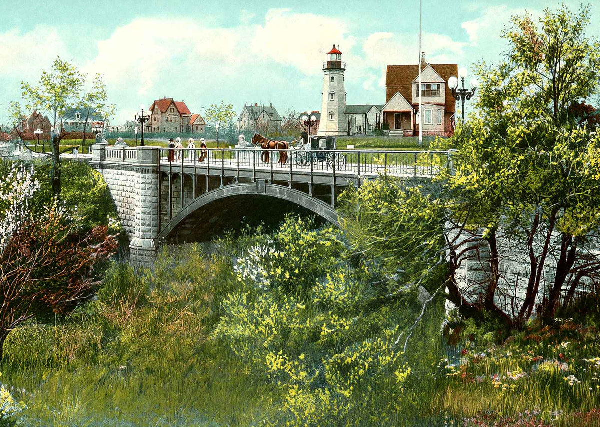 Lighthouse & Bridge, Lake Park, Milwaukee vintage print