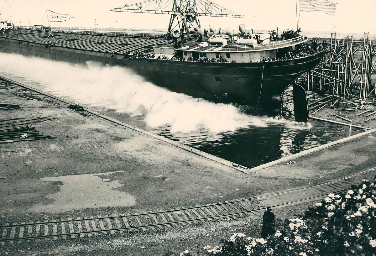 Freighter Launch at Superior WI Ship Yards vintage print