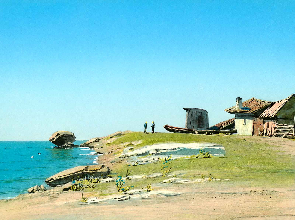 Boat by a Weathered House on the Coast, 1908 vintage print
