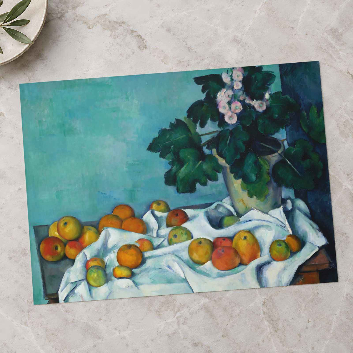 Still Life with Apples and a Pot of Primroses fine art print by Paul Cézanne (1885)
