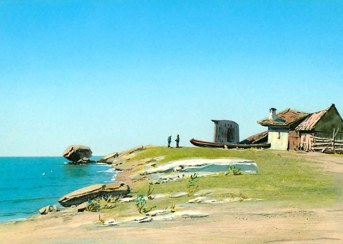 Boat by a Weathered House on the Coast, 1908 vintage print