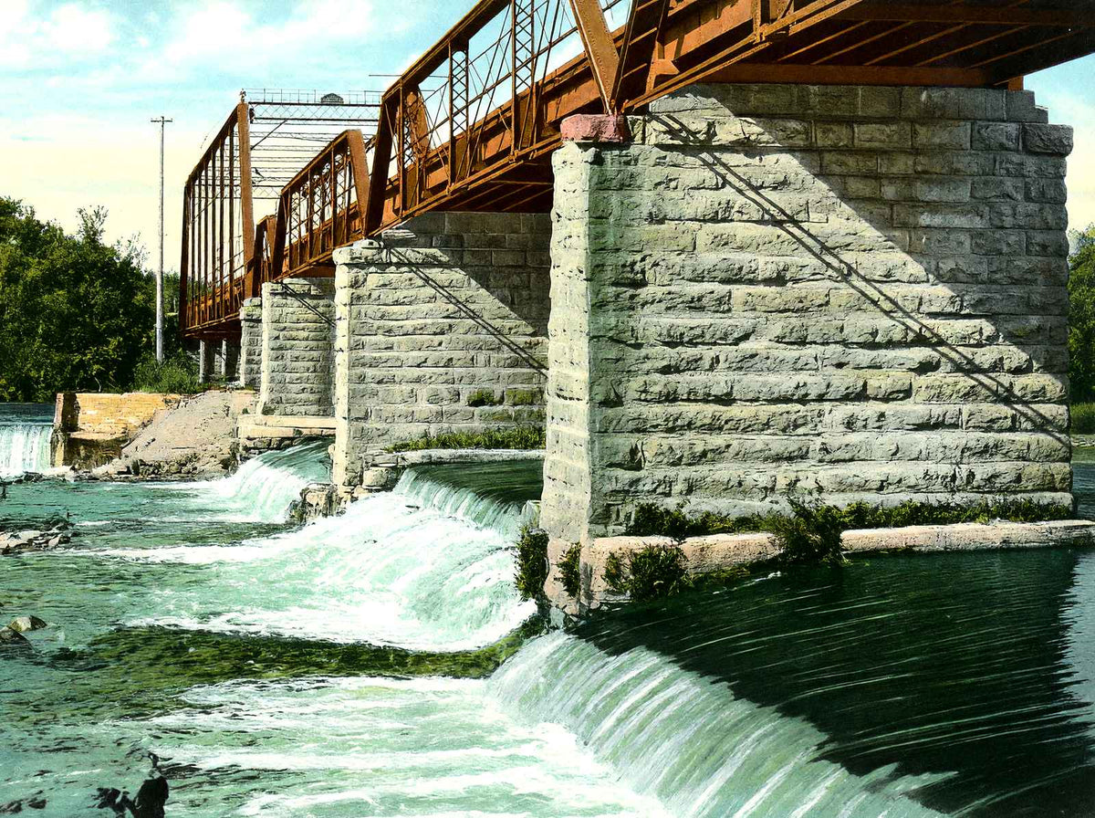 Wagon Road Bridge & Dam, Janesville, WI 1907 vintage print