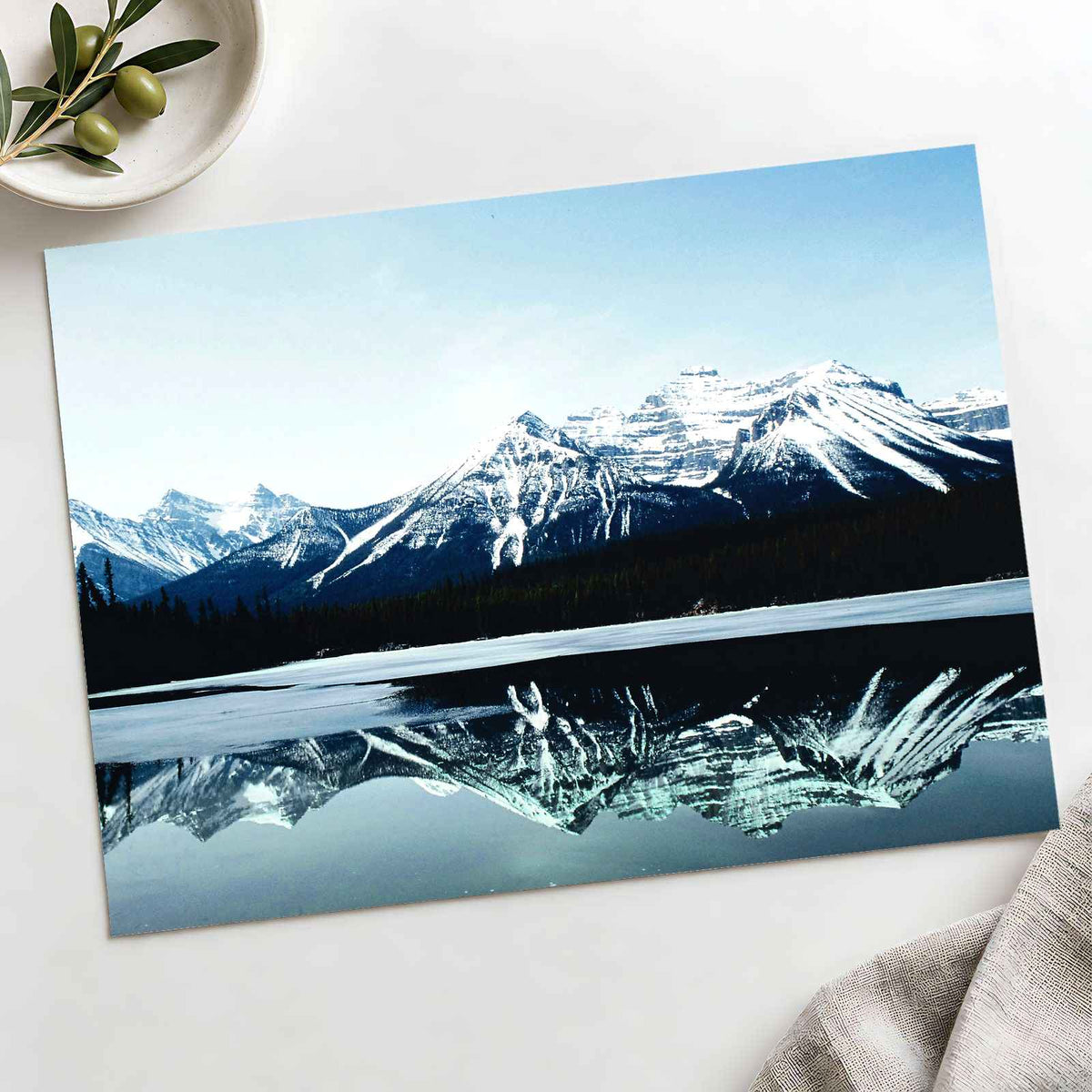 Snowy Mountain Range Reflected in Lake Photo Print Wall Decor