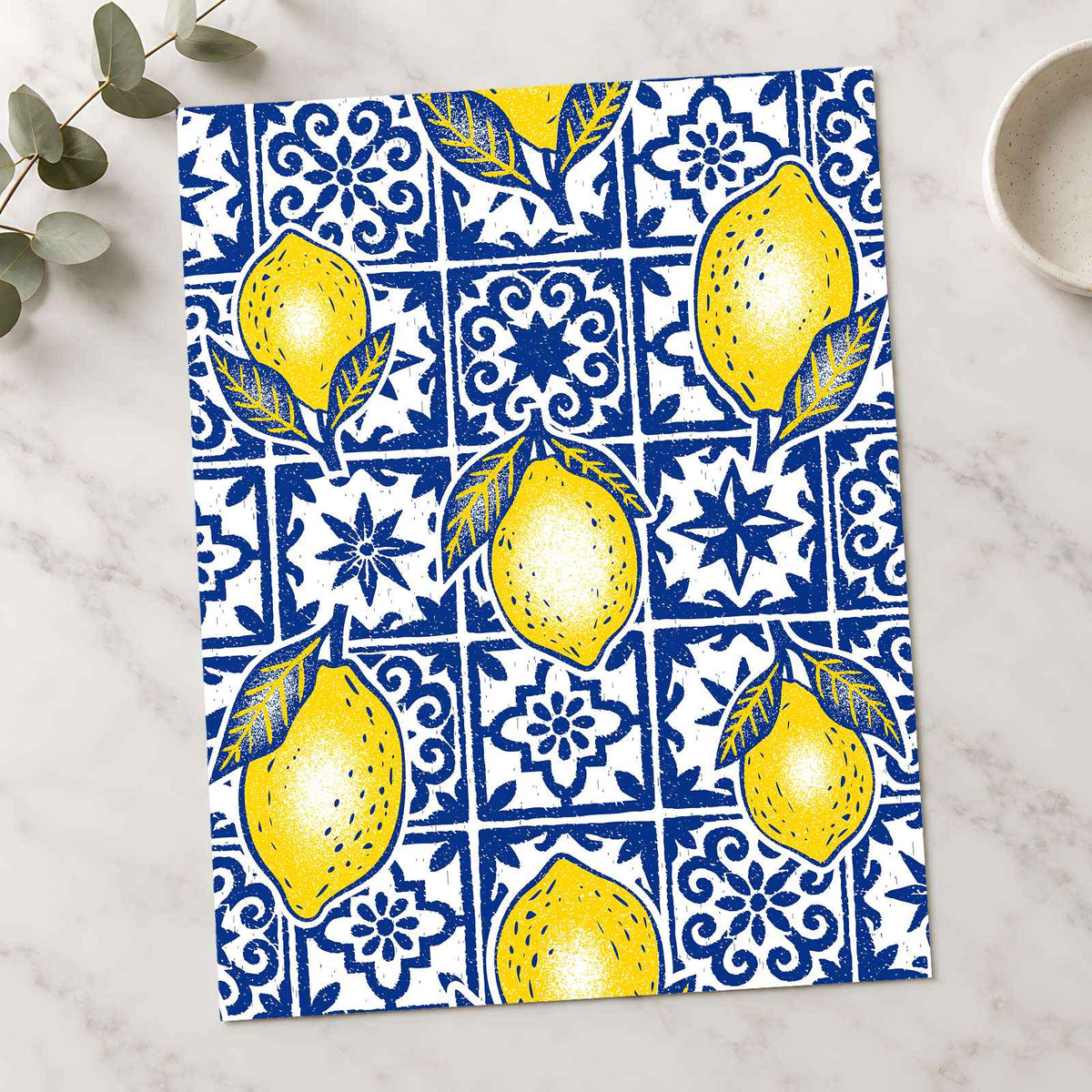 Pattern of Yellow Lemons Blue and White Tiles by Rino Luna Art Print Wall Decor
