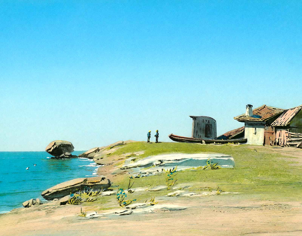 Boat by a Weathered House on the Coast, 1908 vintage print