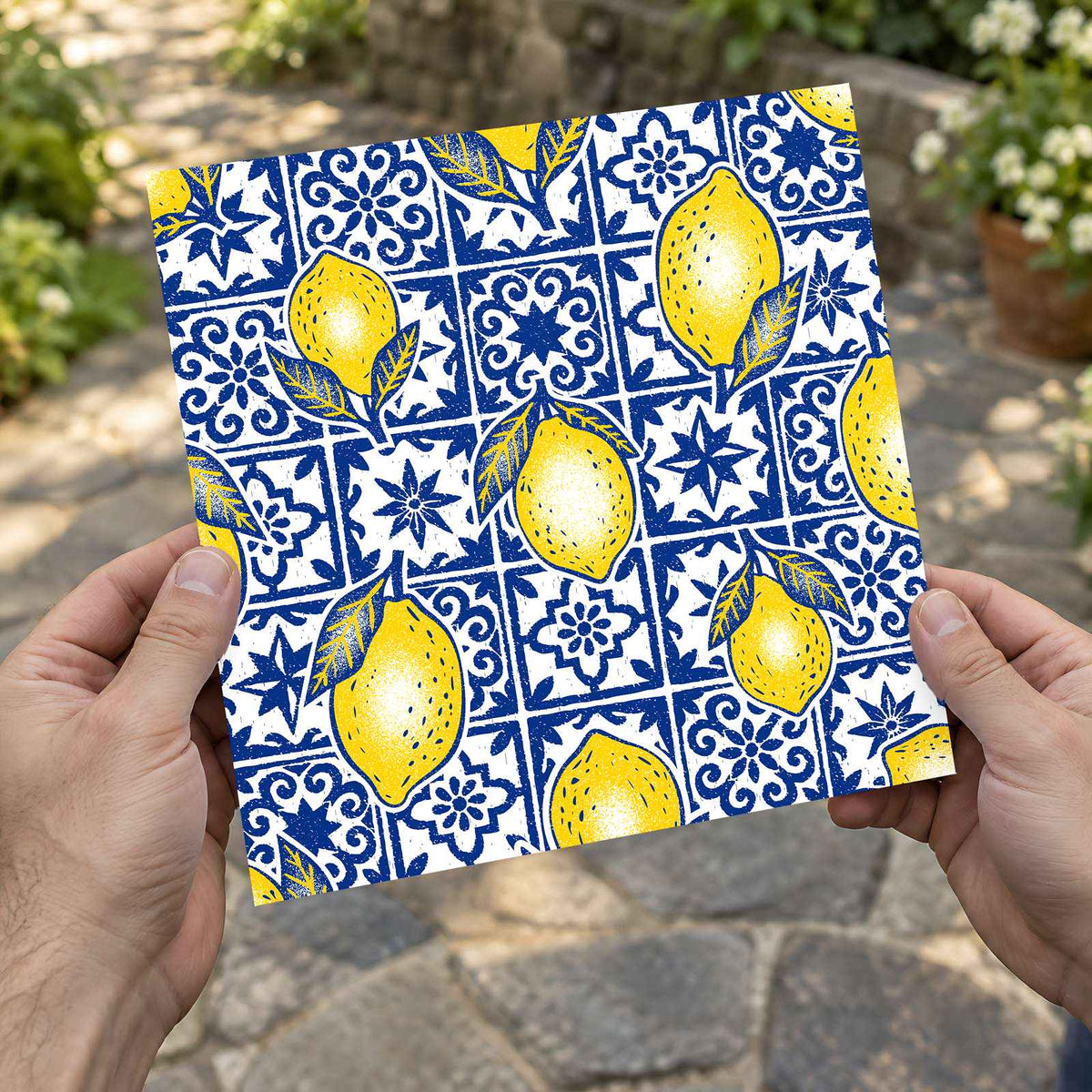 Pattern of Yellow Lemons Blue and White Tiles by Rino Luna Art Print Wall Decor